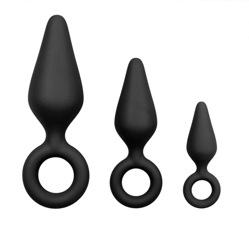 Zwarte buttplugs met trekring - setje - bedplezier.nl