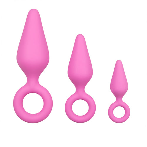 Roze buttplugs met trekring - setje - bedplezier.nl